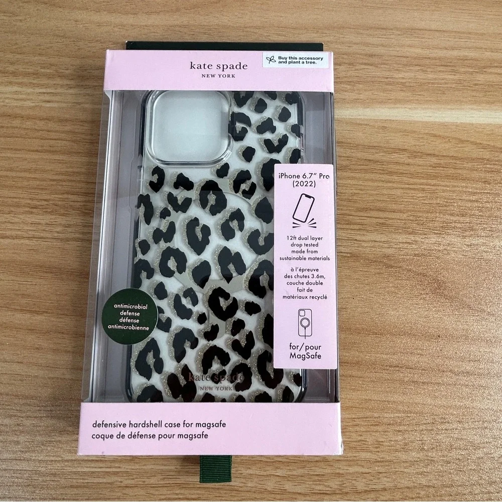 Kate Spade iphone 14 Plus Case Hardshell Magsafe 6.7 In Leopard NEW